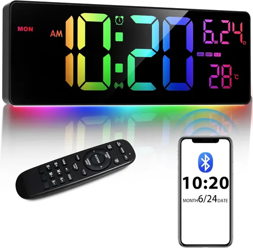 Reloj de pared digital grande con Bluetooth de 16 pulgadas, sincronización automática de tiempo, 10 colores RGB, pantalla grande con control remoto,