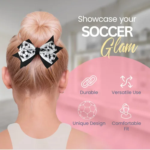 Miniatura 2 de Sportybella - Juego de accesorios para el cabello de fútbol: adorables impresiones de balón de fútbol en blanco y negro, lazos para el cabello