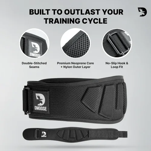 Miniatura 7 de Cinturón DMoose Fitness para levantamiento de pesas para sentadillas, peso muerto y entrenamiento intenso - Cinturón de 15cm ajustable con bloqueo