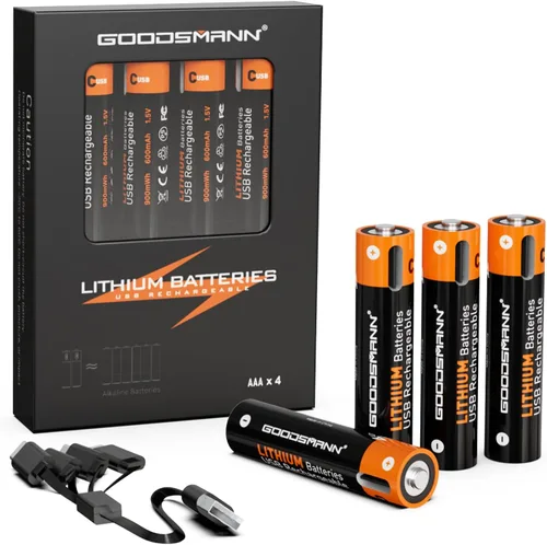 Miniatura 8 de GOODSMANN Paquete de 4 baterías recargables AA de iones de litio con cargador USB-C de 4 ranuras, salida de 1.5 V, 1700 mAh hasta 1000 ciclos