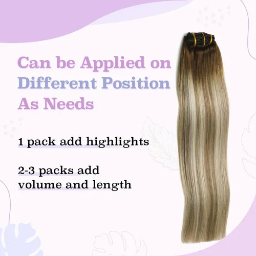 Miniatura 6 de Sindra Extensiones de cabello humano con clip, balayage 3/8/22 de color marrón oscuro a marrón ceniza y rubio dorado, extensiones de cabello humano