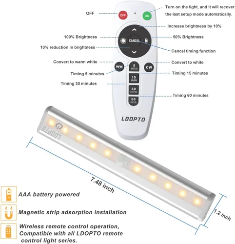 Miniatura 4 de LDOPTO Luces para debajo del gabinete, inalámbricas con control remoto, regulables, funciona con pilas, luces LED para armario, iluminación