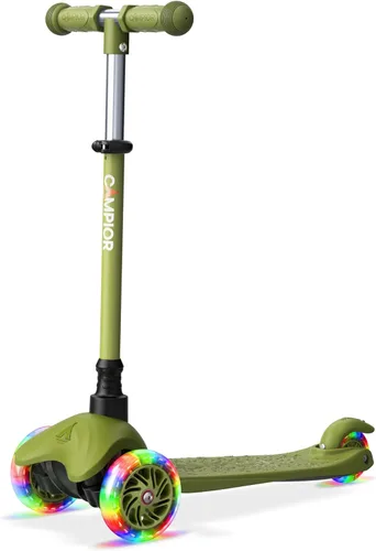 Miniatura 20 de Mini scooter naranja de 3 ruedas para niños, dirección por inclinación con ruedas LED iluminadas, manubrio ajustable, cubierta ancha antideslizante
