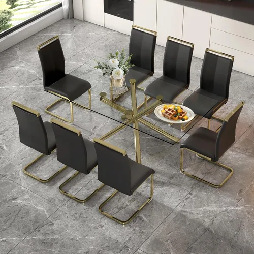 Miniatura 7 de Juego de 8 mesas de comedor de cristal, moderno juego de mesa de comedor de 71 pulgadas con 8 sillas de comedor tapizadas de piel sintética