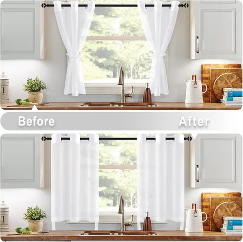 Miniatura 7 de Hiasan - Cortinas traslúcidas de gasa cortas semitransparentes con ojales y alzapaños filtrantes de luz para ventana, dormitorio, baño, 2 paneles