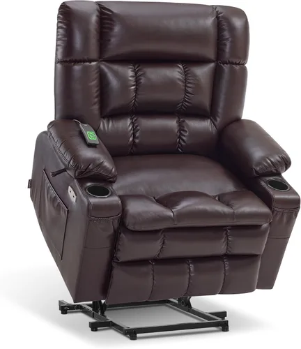 Miniatura 23 de MCombo Silla reclinable eléctrica de motor dual para adultos mayores, silla de elevación plana con calor y masaje, portavasos, puertos USB, piel