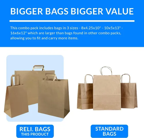Miniatura 7 de Reli. Bolsas de papel con asas, papel kraft Varios tamaños grandes 75 piezas (25 de cada tamaño) - a granel 8x4.25x10-10x5x13-16x6x12