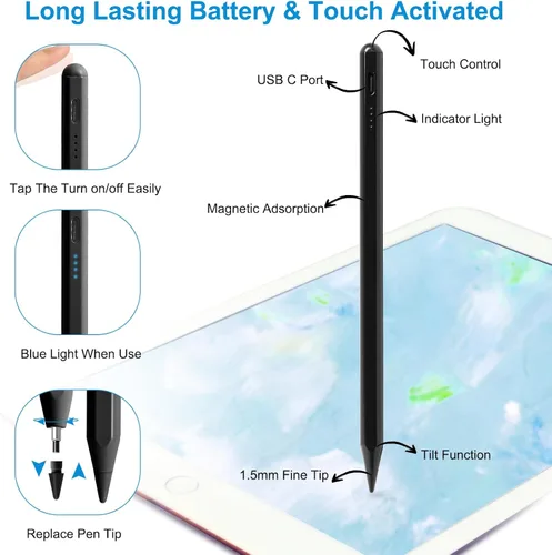 Miniatura 5 de Lápiz óptico para iPad de 9ª y 10ª generación, lápiz con rechazo de palma Apple Pencil para (2018-2025) 10ª/9ª/8ª/7ª/6ª generación, iPad Pro de Negro