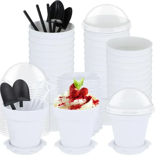 Honeydak Paquete de 50 tazas de plástico para tartas de postre con tapa, pala, cuchara, bandeja inferior, tazas de postre, helado, yogur, Blanco