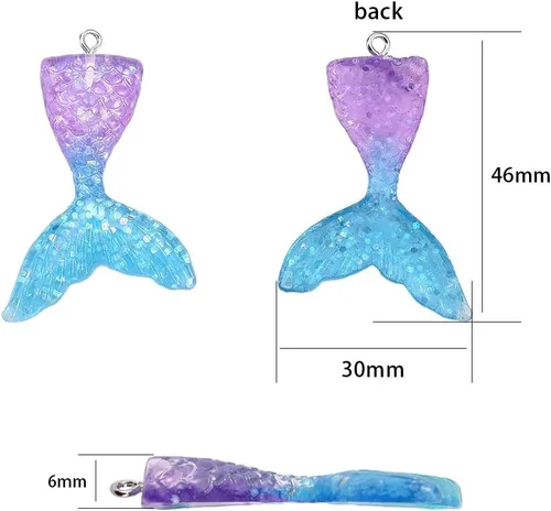 Miniatura 6 de SUNNYCLUE 40 dijes de cola de sirena de resina con parte trasera plana con polvo de purpurina para verano con cola de pez de océano para hacer