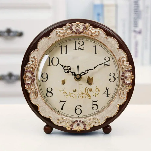 Miniatura 5 de Justup Reloj de mesa vintage, estilo retro europeo sin tictac, reloj de escritorio operado con baterías, movimiento silencioso de cuarzo para Marrón