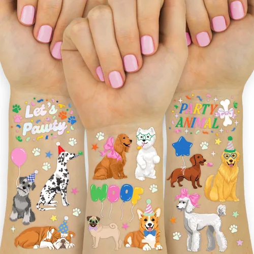 xo, Fetti Tatuajes temporales para perros - 52 estilos de purpurina | Suministros de cumpleaños de animales, recuerdos de fiesta para amantes de las