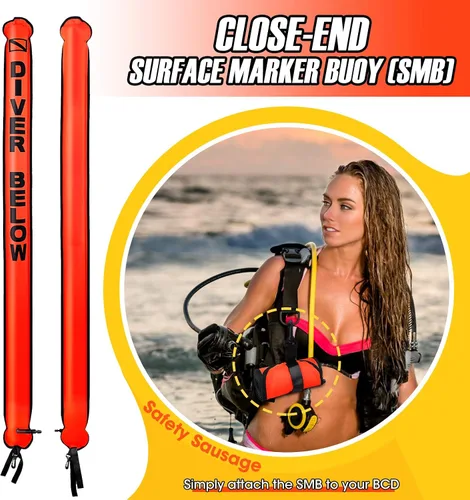 Miniatura 2 de Juego de boya marcador de superficie, tubo de señal inflable de alta visibilidad de 6 pies con tubo de señal de fondo cerrado con carrete de dedo