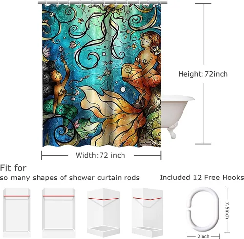 Miniatura 5 de LIVILAN Cortina de ducha de sirena, juego de cortinas de baño de tela de medusa con ganchos, animales marinos del océano, decoración de baño