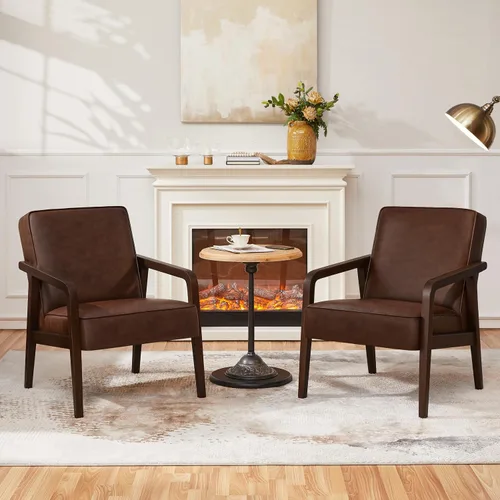 Miniatura 12 de Yaheetech Silla Decorativa, Sillón con Estructura de Madera Resistente, Silla de Estar Moderna y Retro de Piel Sintética para Sala de Marrón claro