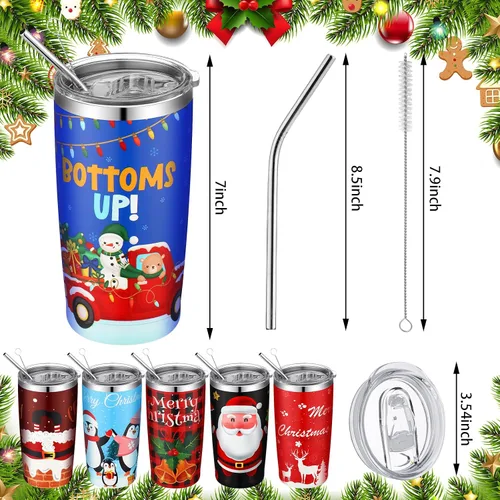 Miniatura 4 de 12 Piezas Vasos Navideños de Regalo 20oz Vaso de Viaje Navideño Taza Navideña de Acero Inoxidable Aislado Taza de Café con Tapa y Pajita para Regalo