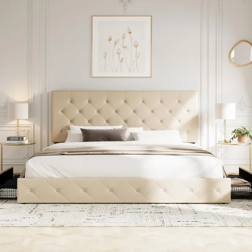 Miniatura 3 de Allewie - Base de cama con plataforma tamaño King, tapizada, con 4 cajones de almacenamiento y cabecera, diseño tapizado cosido en forma de diamante