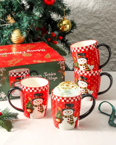 Miniatura 3 de Tazas de café HASENSE, juego de 4 tazas de cerámica de 15 oz con asa y patrones de muñecos de nieve para hombre mujer, juego de tazas de porcelana
