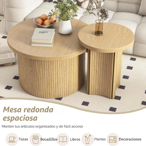 Miniatura 5 de Mxtxmy Juego de 2 Mesas de Café Anidadas de Estilo Granja, Mesa de Café Redonda para Sala de Estar, Juego de Mesas de Café con Acabado de Madera