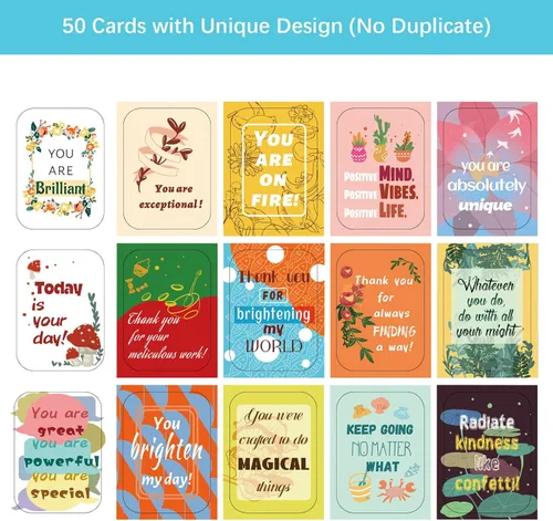 Miniatura 3 de 50 tarjetas inspiradoras únicas, mini tarjetas de notas de bondad motivacionales con citas de aliento, apreciación, gratitud, tarjetas