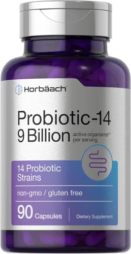 Horbäach Probióticos para mujeres y hombres | 14 cepas para la salud digestiva | 9 mil millones de UFC | 90 cápsulas | Suplemento sin OMG y sin