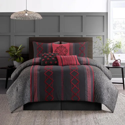 Miniatura 16 de Grand Avenue Juego de edredón Blanco Rojo tamaño Queen, juego de ropa de cama para todas las estaciones de 7 piezas con bordado de felpa, falda