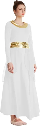 Miniatura 5 de MYRISAM Mujeres Alabanza Bata de Baile Culto Litúrgico Cintura Metálico Vestido de Manga Larga Falda de Gasa Traje Lírico
