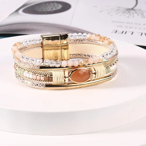 Miniatura 5 de FANCY SHINY- Pulseras de cuero de la envoltura de cuentas de cristal de la pulsera Boho Cuff piedra, dije, pulseras con cierre magnético de joyería