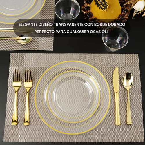 Miniatura 6 de FOCUSLINE 100 platos de plástico transparente y dorado de 10 pulgadas, platos transparentes desechables resistentes con borde dorado, plato