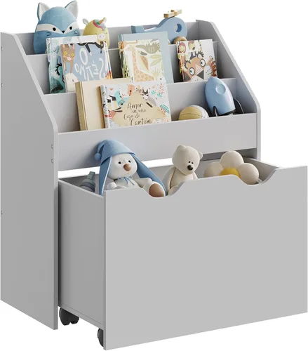 SONGMICS Estantería infantil y organizador de juguetes, baúl y estantería de almacenamiento de juguetes con 3 estantes, caja de almacenamiento con