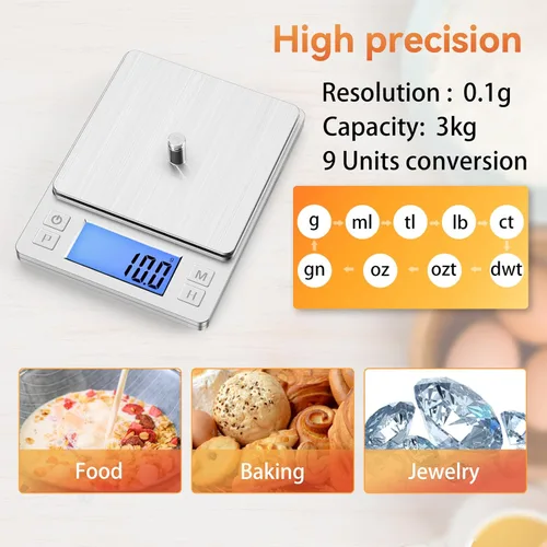 Miniatura 4 de BOMATA Báscula de alimentos pequeña mejorada, 0.1 g/0.001 oz de alta precisión, 3000 g/6.6 lb, con nueva función de retención y pantalla más grande