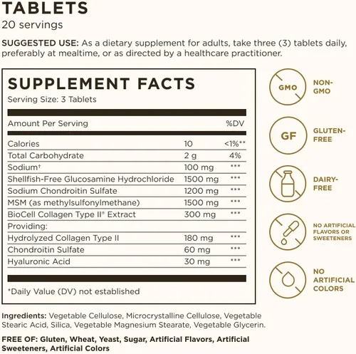 Miniatura 2 de Solgar tabletas de Glucosamina de ácido hialurónico condroitín sulfato MSM (sin ostras), SF0018977, 1, 1