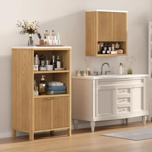 Miniatura 8 de HOMEFORT Armario de pared para baño, botiquines, armario de almacenamiento sobre el inodoro con 2 puertas, estante ajustable y parte superior