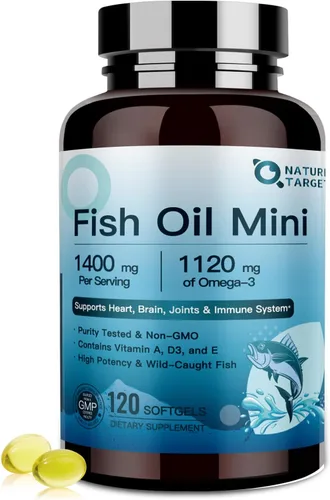 NATURE TARGET Aceite de pescado Mini 1400 mg, suplemento Omega 3 de alta potencia con vitaminas A y D3 y E, apoya el corazón, el cerebro, las