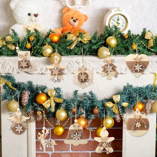 Miniatura 4 de Soaoo - Juego de 20 adornos rústicos de madera de Navidad, adornos de madera de reno, estrella, adornos de madera para árbol de Navidad con campana