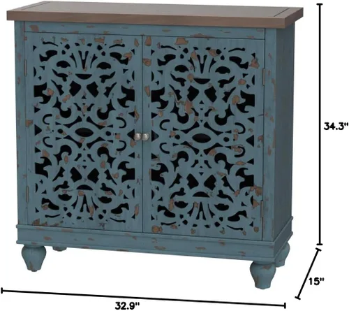 Miniatura 2 de PHI VILLA Gabinetes de acento azul, pequeño gabinete de buffet y aparador, credenza de 2 puertas talladas huecas, gabinete de almacenamiento