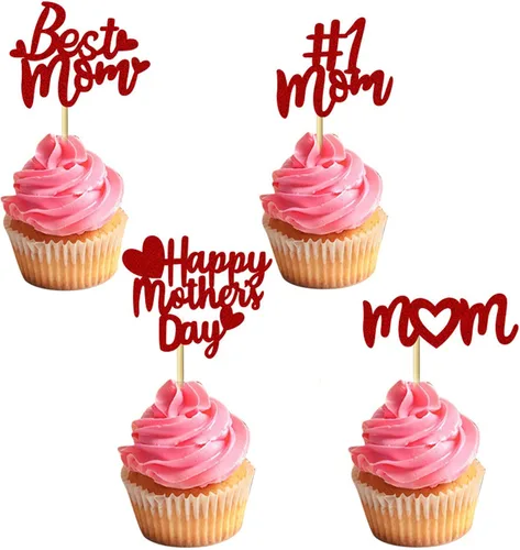 Miniatura 7 de Decoración para cupcakes para el Día de la Madre, 24 piezas con purpurina para fiesta de cumpleaños, suministros de cartón y bambú de primera calidad