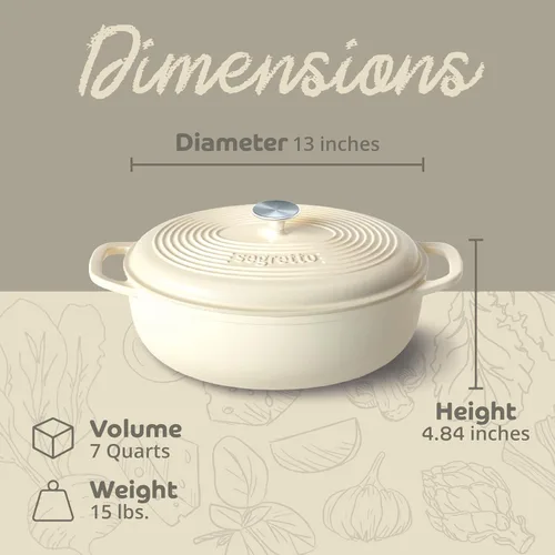 Miniatura 2 de Segretto Cookware Horno holandés ovalado de hierro fundido esmaltado, 7 cuartos de galón blanco Bianco Perla (Off-White)