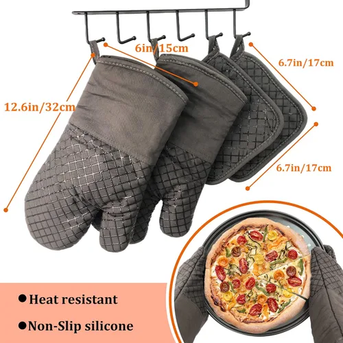 Miniatura 2 de 4 Piezas Guantes de Horno y Soportes para Ollas, Guantes de Horno de Cocina Resistentes al Calor de 500 °F con Soportes para Ollas, Guantes Largos