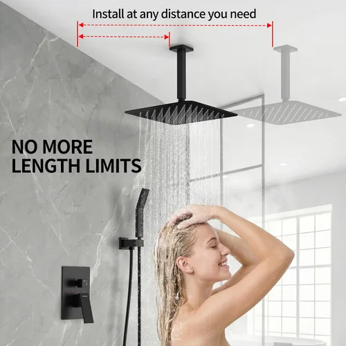 Miniatura 2 de SR SUN RISE Sistema de Ducha de Montaje en Techo de 12 Pulgadas Negro Mate, Sistema de Ducha de Lluvia de Lujo para Baño, Mezclador, Juego