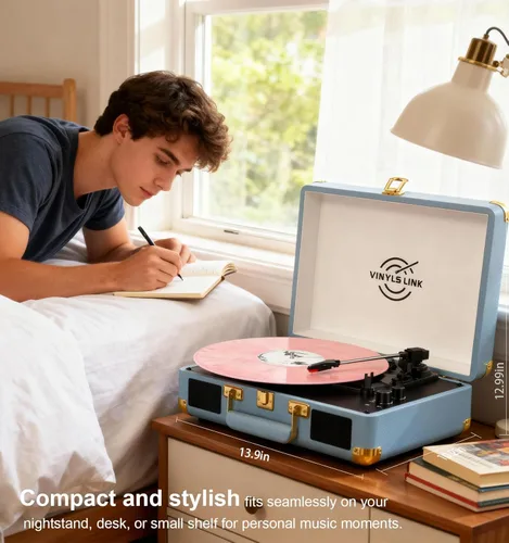 Miniatura 3 de VINYLSLINK Reproductor de discos de vinilo con Bluetooth, tocadiscos portátil de 3 velocidades con control de agudos y graves, altavoces estéreo Azul
