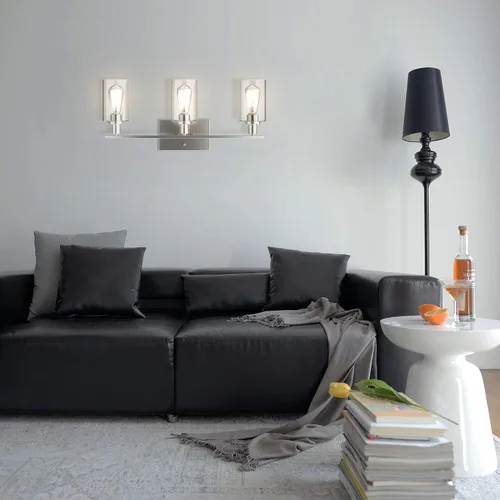 Miniatura 4 de Tangkula Lámparas de tocador de baño de 3 luces, apliques de pared modernos con pantalla de vidrio transparente con base E26, iluminación de pared
