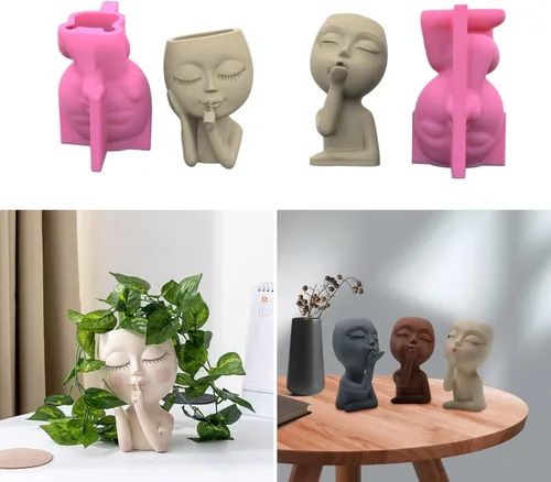 Miniatura 9 de Moldes de hormigón para macetas, 2 piezas de molde de silicona para macetas de figura de cabeza de niña pequeña, molde de silicona para decoración