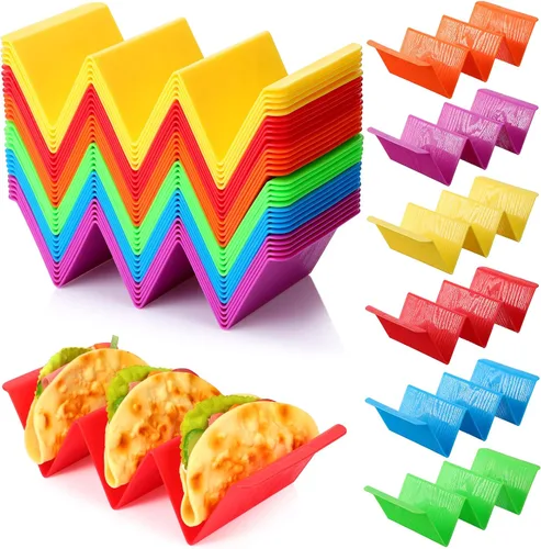 Paquete de 60 soportes coloridos para tacos de plástico, platos grandes para bandejas de tacos para 2 o 3 cada estante para tortillas, soporte duro