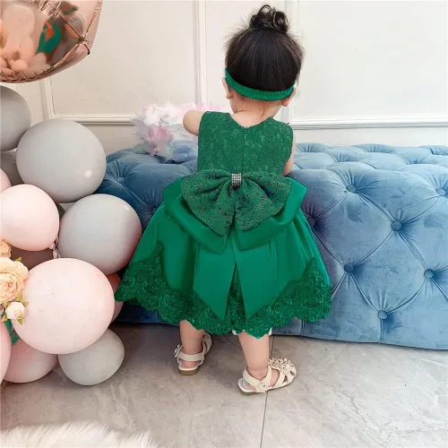 Miniatura 4 de Vestido tutú para niñas de 0 a 6 años, con lazo grande, para boda, Navidad, encaje, con diadema, Blanco
