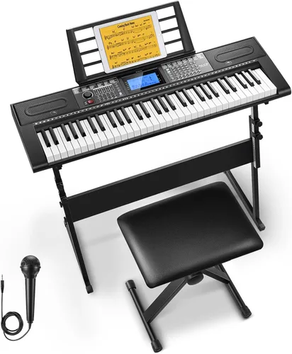 Donner Teclado de Piano de 61 Teclas, Kit de Teclado de Piano Eléctrico con 249 Voces, 249 Ritmos - Incluye Soporte para Piano, Taburete, Micrófono,