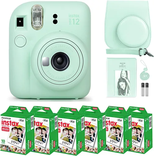 Cámara instantánea Fujifilm Instax Mini 12 verde menta y paquete Fuji Film (60 hojas) con accesorios Tiger resistentes, estuche de transporte, álbum