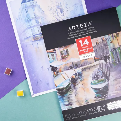 Miniatura 7 de ARTEZA Papel de acuarela, 14 hojas, almohadilla de acuarela de 9 x 12 pulgadas, 140 libras/10.58 oz/m², 100% algodón, doble cara, prensa en frío