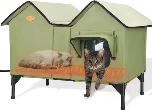 Miniatura 8 de Casa climatizada para gatos para exteriores en invierno, casa elevada para gatos al aire libre, resistente a la intemperie, puerta de escape