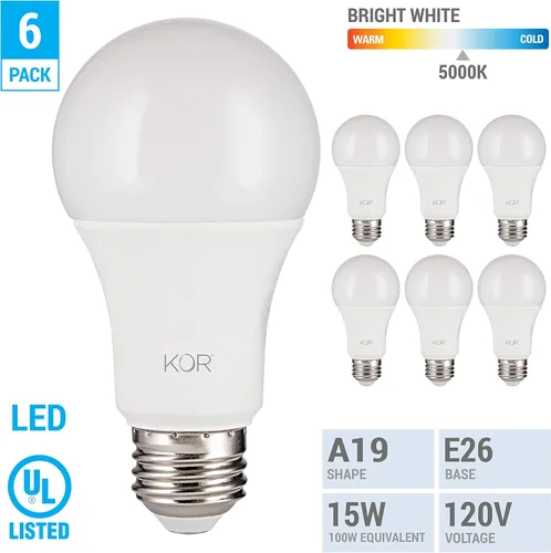 Miniatura 2 de KOR Bombillas LED equivalentes a 100 W, 15 W, 1500 lúmenes, luz blanca diurna 5000 K, no regulable, base estándar A19 E26, vida útil de 10000 horas